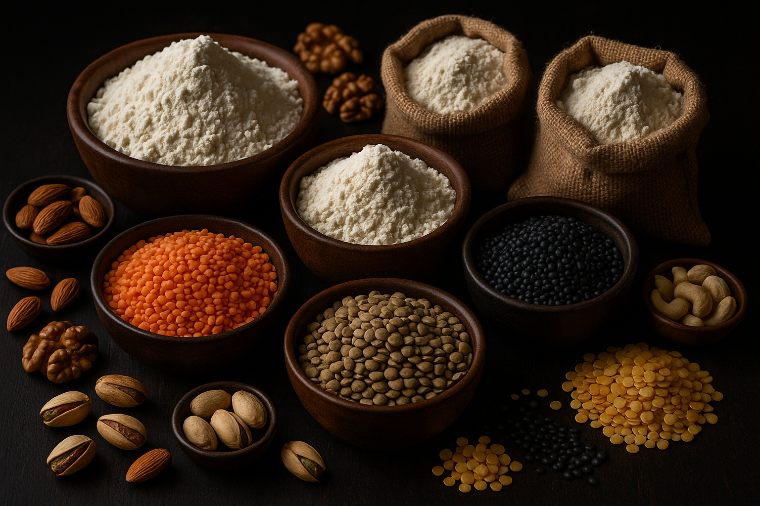 flour nuts lentils in dark background